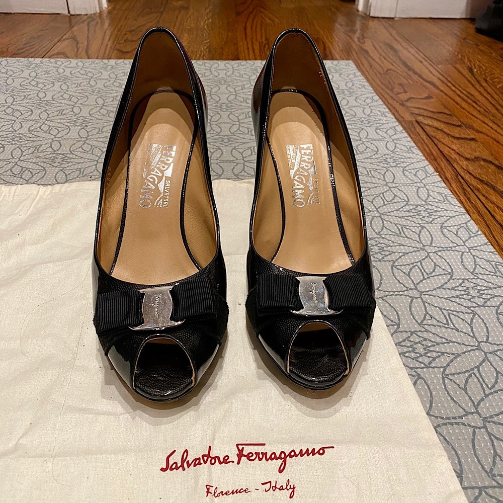 Open Toed Ferragamo Pumps w/ Silver Hardware